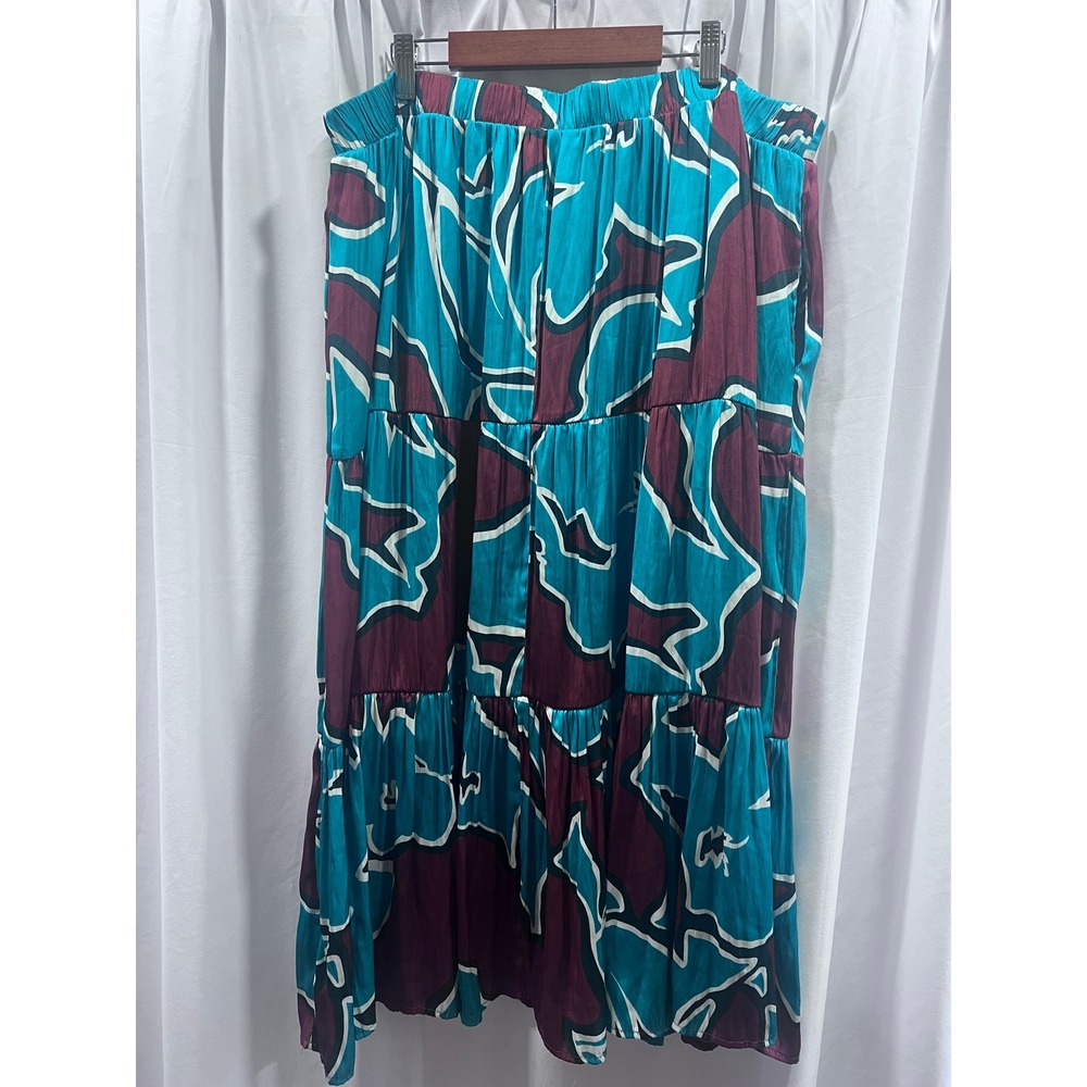 Nine West Womens XL Abstract Print Tiered Midi Skirt Teal Burgundy Pockets Lined